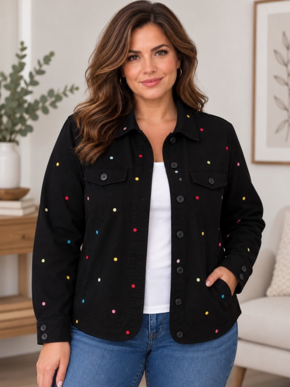 JM Collection Women’s Size 16 Black Embroidered Polka Dot Cotton Stretch Jacket